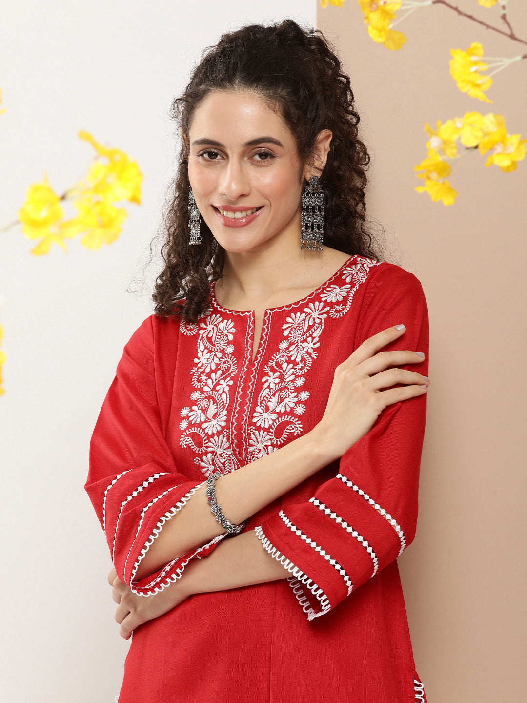 Bhama Couture Red Chikankari Neck Embroidered Kurta With Solid Palazzo