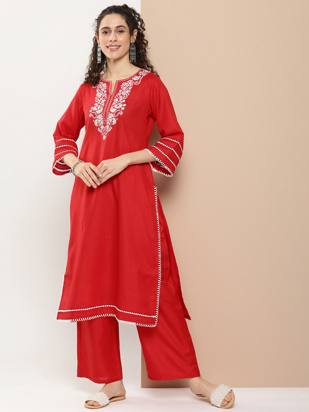 Bhama Couture Red Chikankari Neck Embroidered Kurta With Solid Palazzo