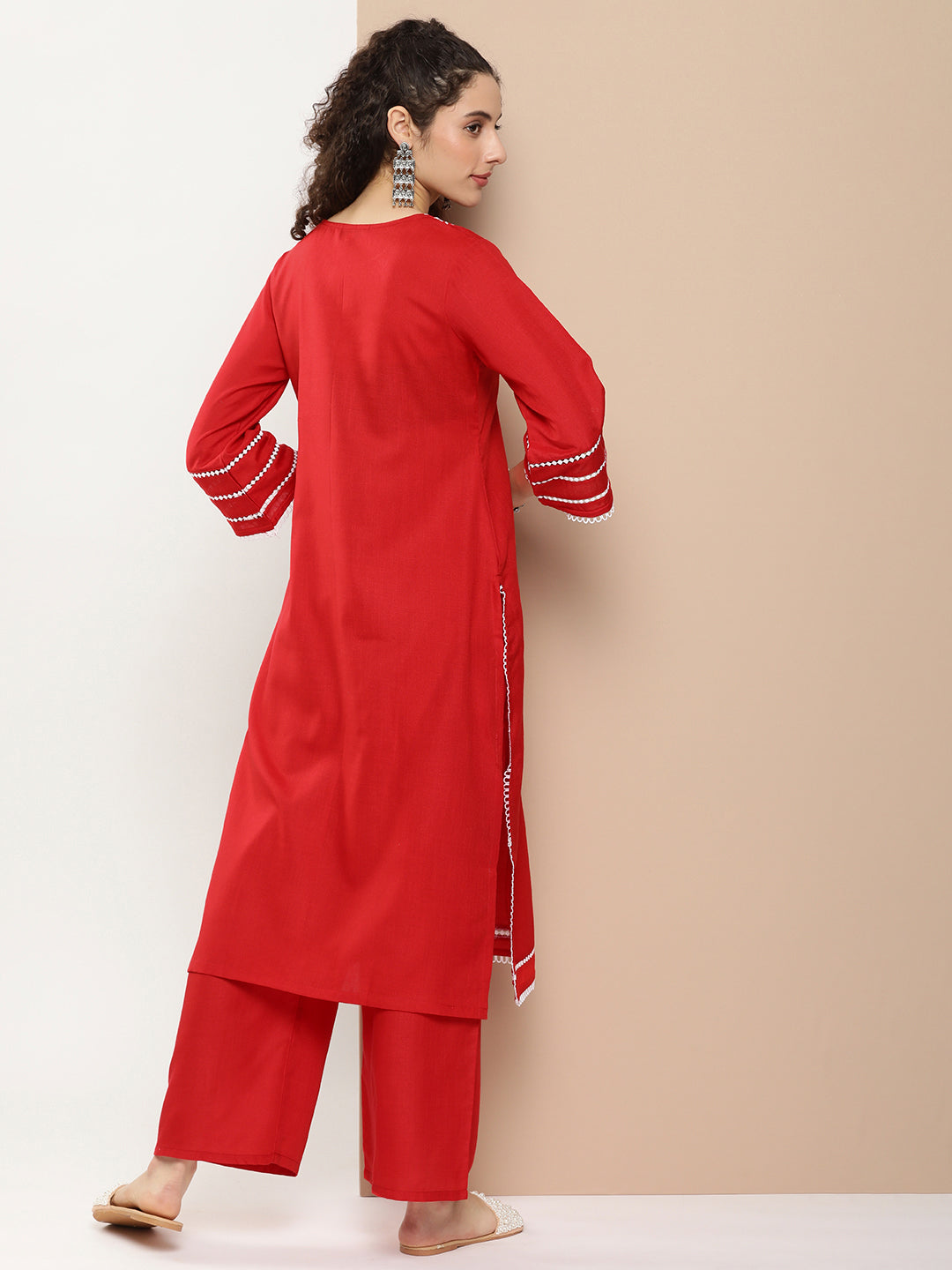 Bhama Couture Red Chikankari Neck Embroidered Kurta With Solid Palazzo