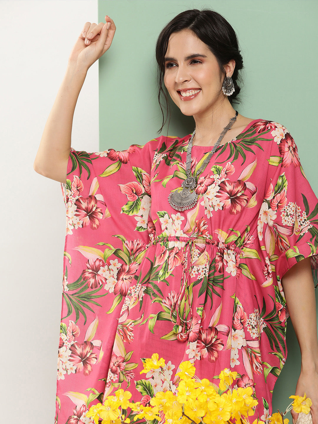 Bhama Couture Pink Floral Print Kaftan Kurta With Pink Floral Print Palazzo.