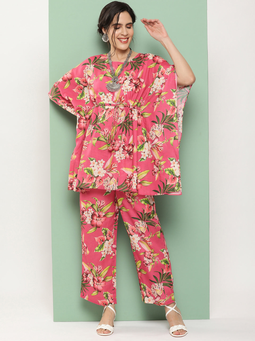Bhama Couture Pink Floral Print Kaftan Kurta With Pink Floral Print Palazzo.