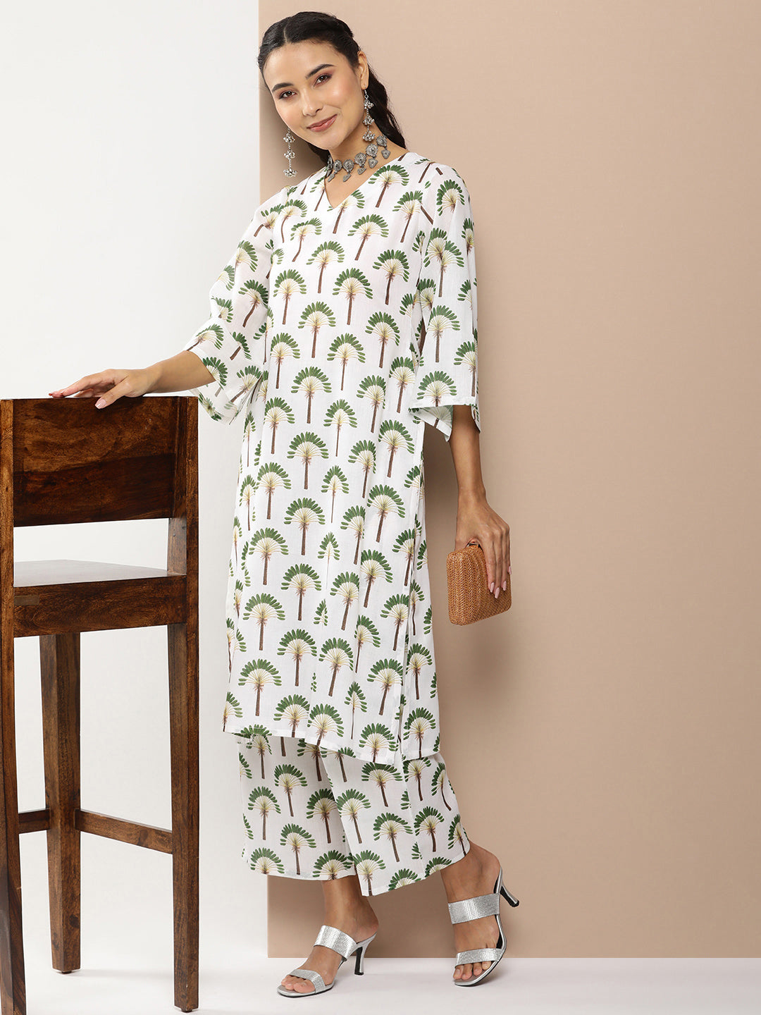 Bhama Couture Off White Floral Print Kurta With Off White Floral Print Palazzo.