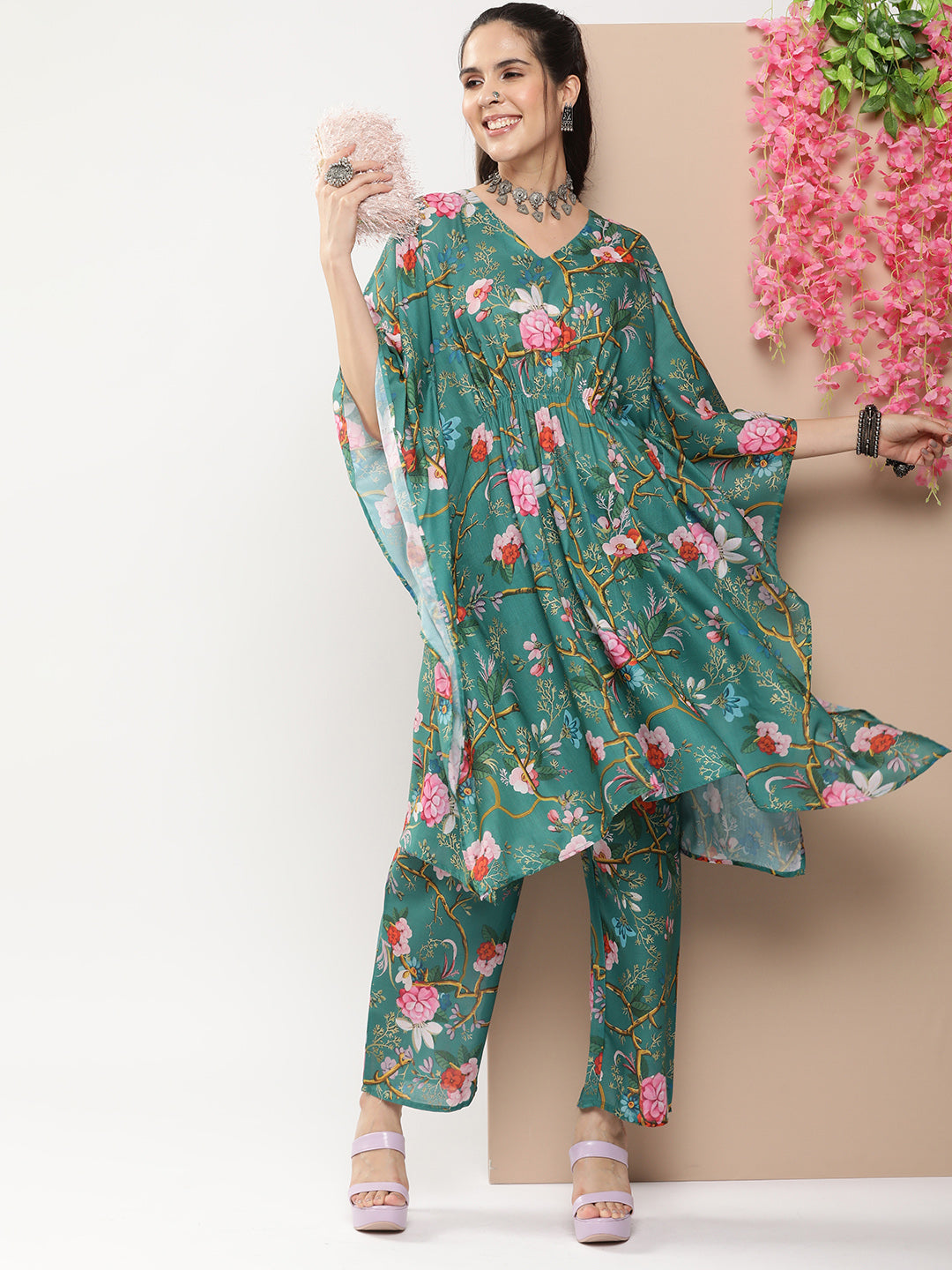 Bhama Couture Green Floral Print Kaftan Kurta With Green Floral Print Palazzo.