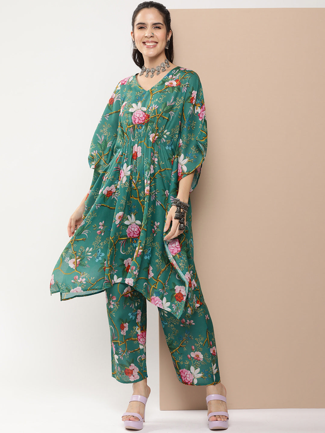 Bhama Couture Green Floral Print Kaftan Kurta With Green Floral Print Palazzo.