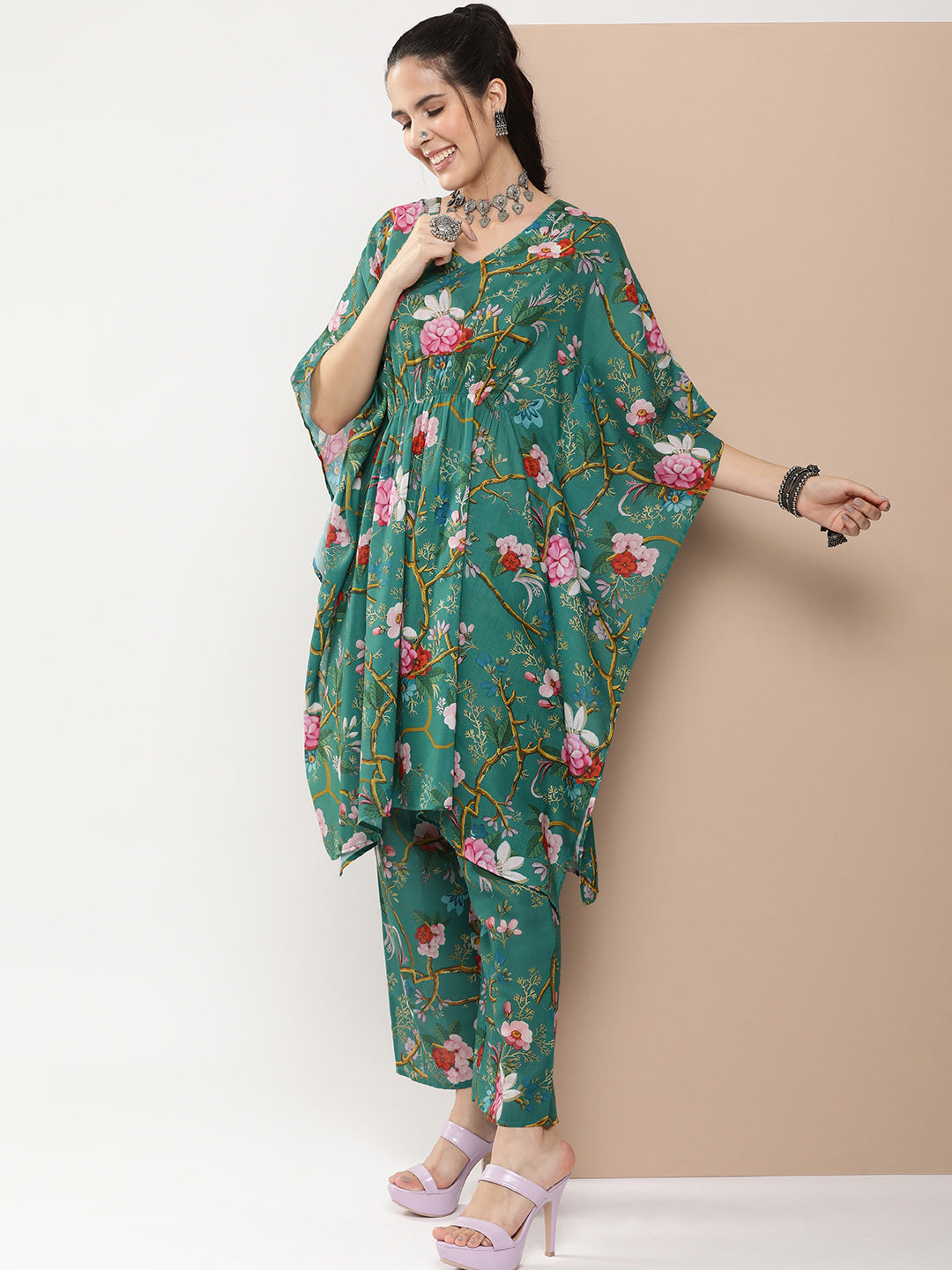 Bhama Couture Green Floral Print Kaftan Kurta With Green Floral Print Palazzo.