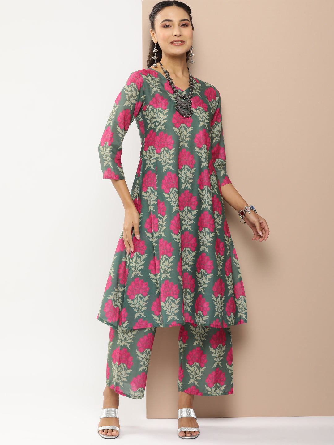 Bhama Couture Green Floral Print A-Line Kurta With Green Floral Print Palazzo.