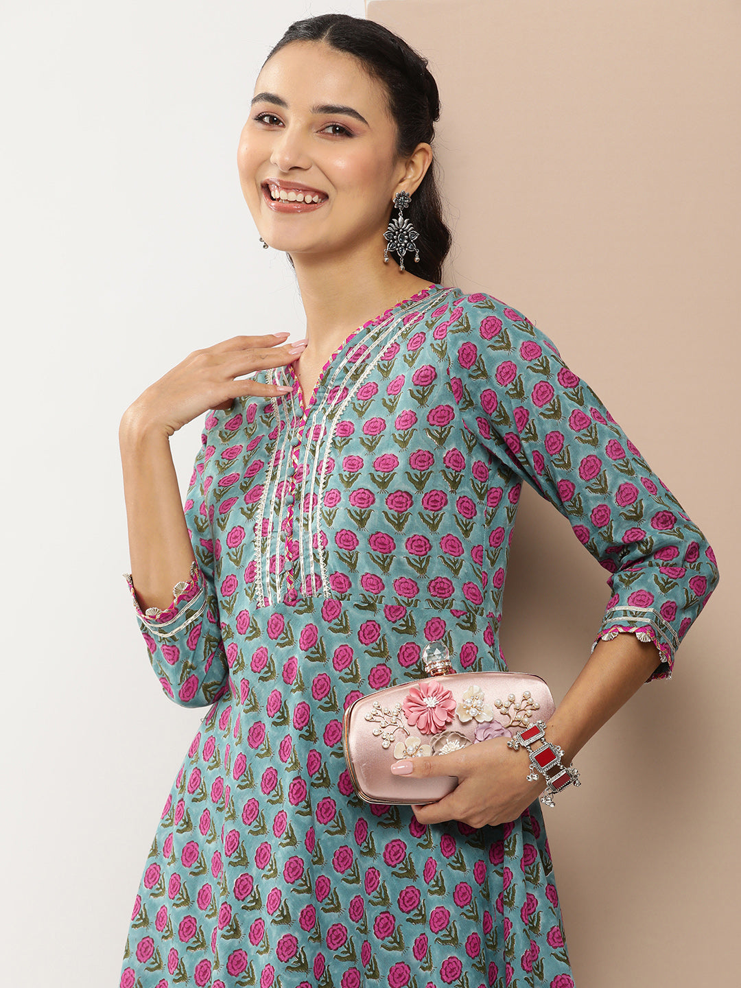 Bhama Couture Teal Blue Floral Print Anarkali Kurta With Gotta Patti Details With Teal Blue Floral Print Palazzos.