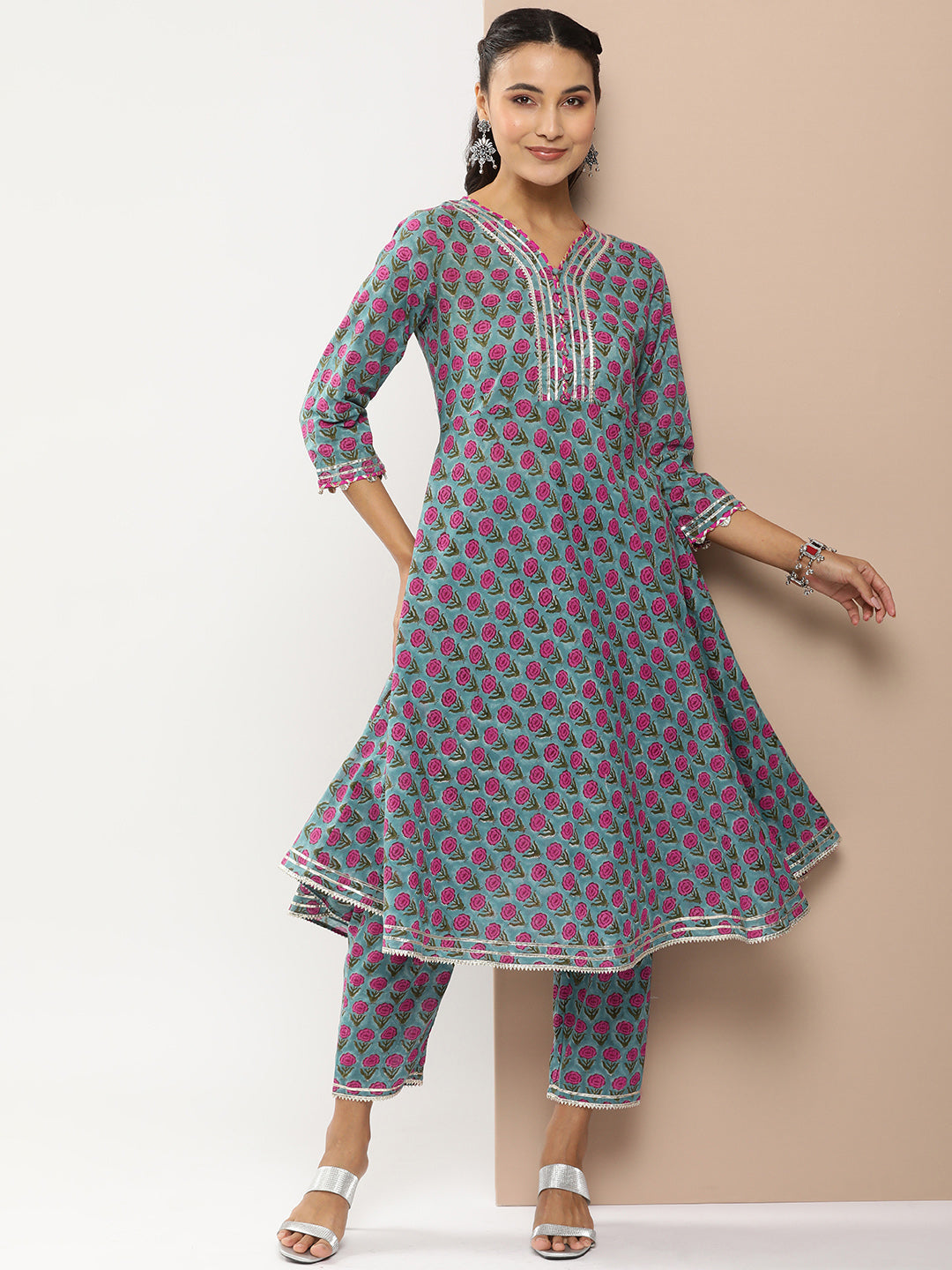 Bhama Couture Teal Blue Floral Print Anarkali Kurta With Gotta Patti Details With Teal Blue Floral Print Palazzos.