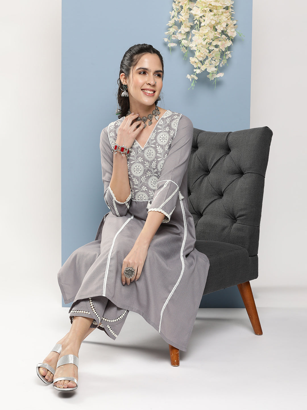 Bhama Couture Grey Embroidered A-Line Kurta With Lace Detailing With Grey Solid Palazzos.