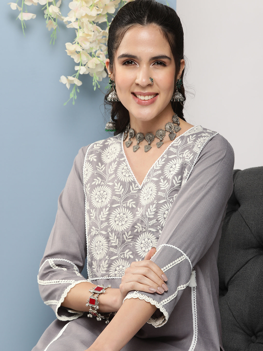 Bhama Couture Grey Embroidered A-Line Kurta With Lace Detailing With Grey Solid Palazzos.