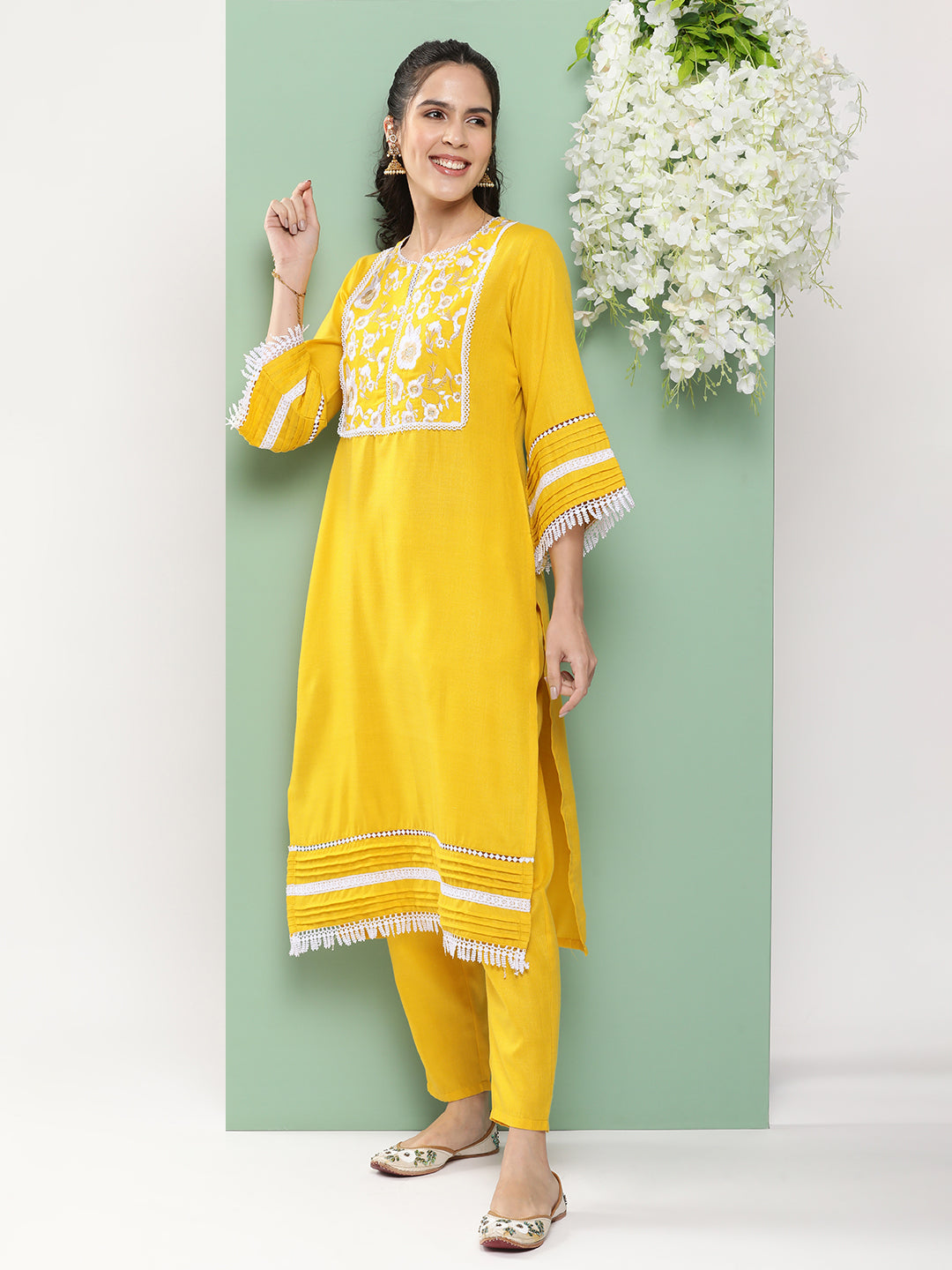 Bhama Couture Mustard Embroidered Kurta With Mustard Solid Palazzos.