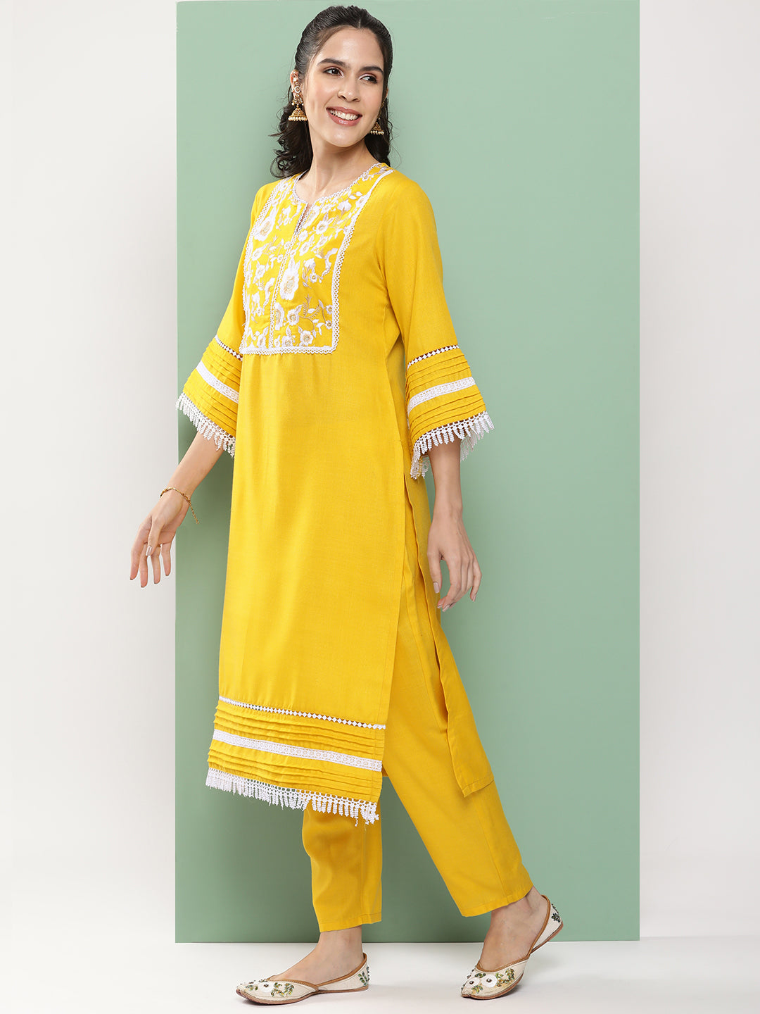 Bhama Couture Mustard Embroidered Kurta With Mustard Solid Palazzos.