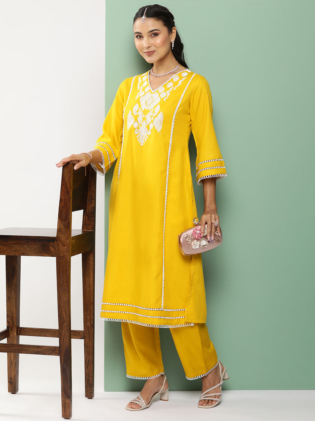 Bhama Couture Mustard Ikat Embroidered Kurta With Mustard Solid Palazzo.