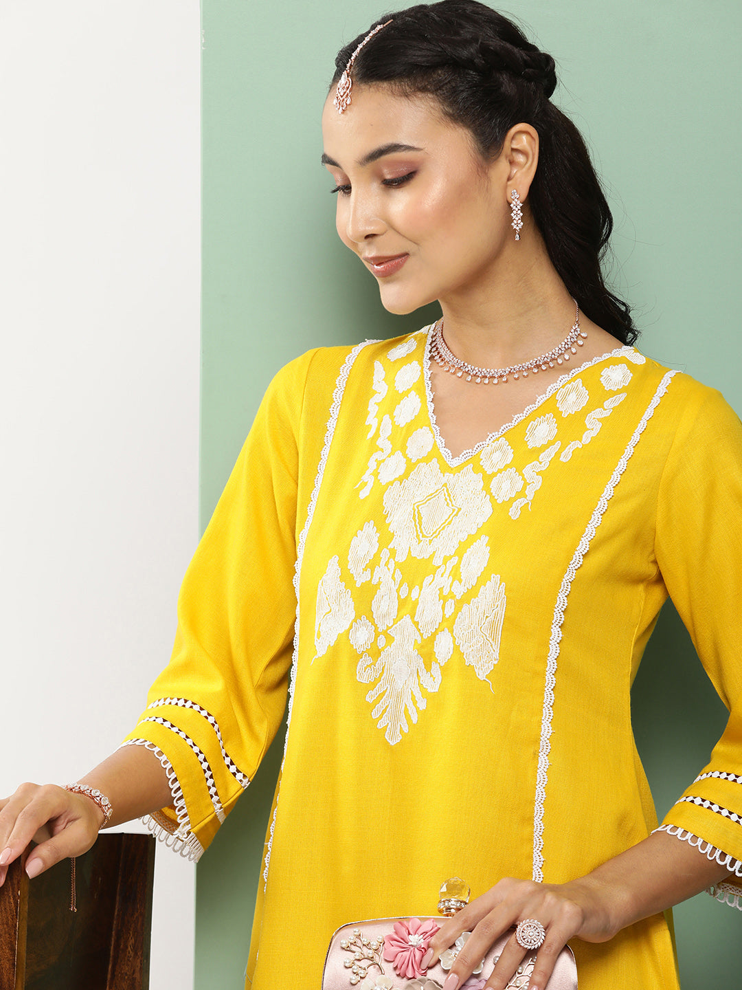 Bhama Couture Mustard Ikat Embroidered Kurta With Mustard Solid Palazzo.