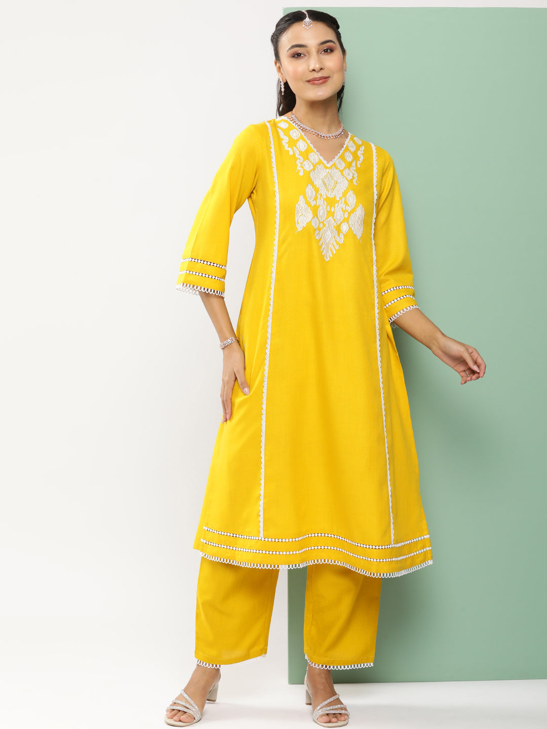 Bhama Couture Mustard Ikat Embroidered Kurta With Mustard Solid Palazzo.