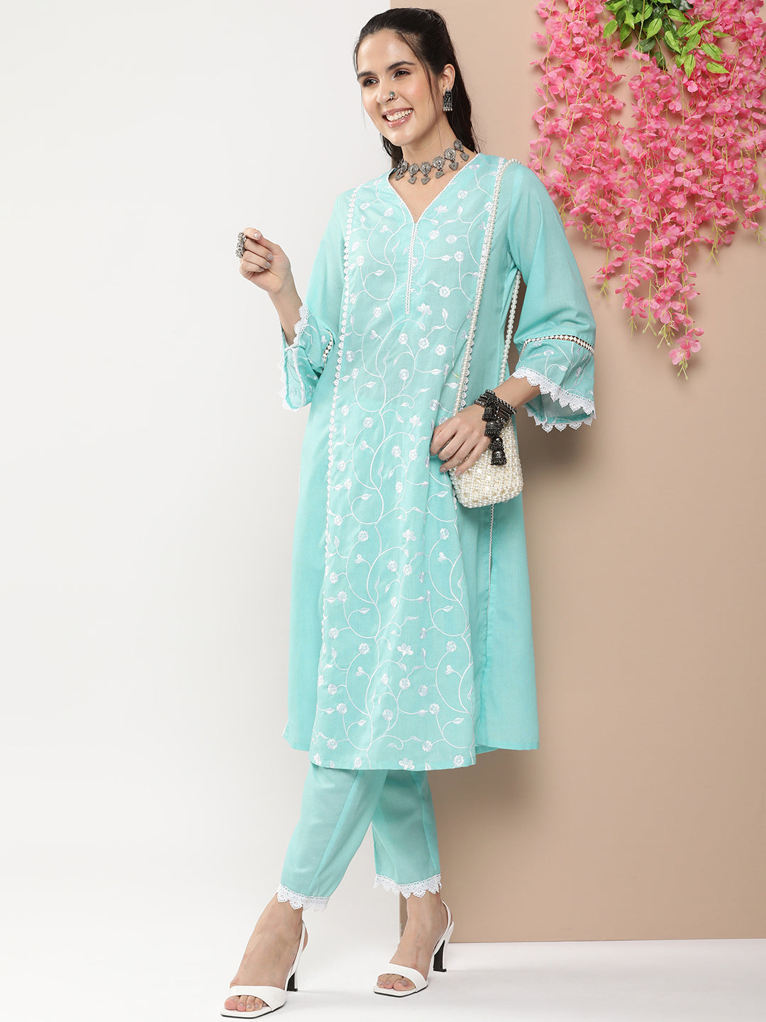 Bhama Couture Blue Embroidered Straight Kurta With Lace Details With Blue Solid Palazzos.