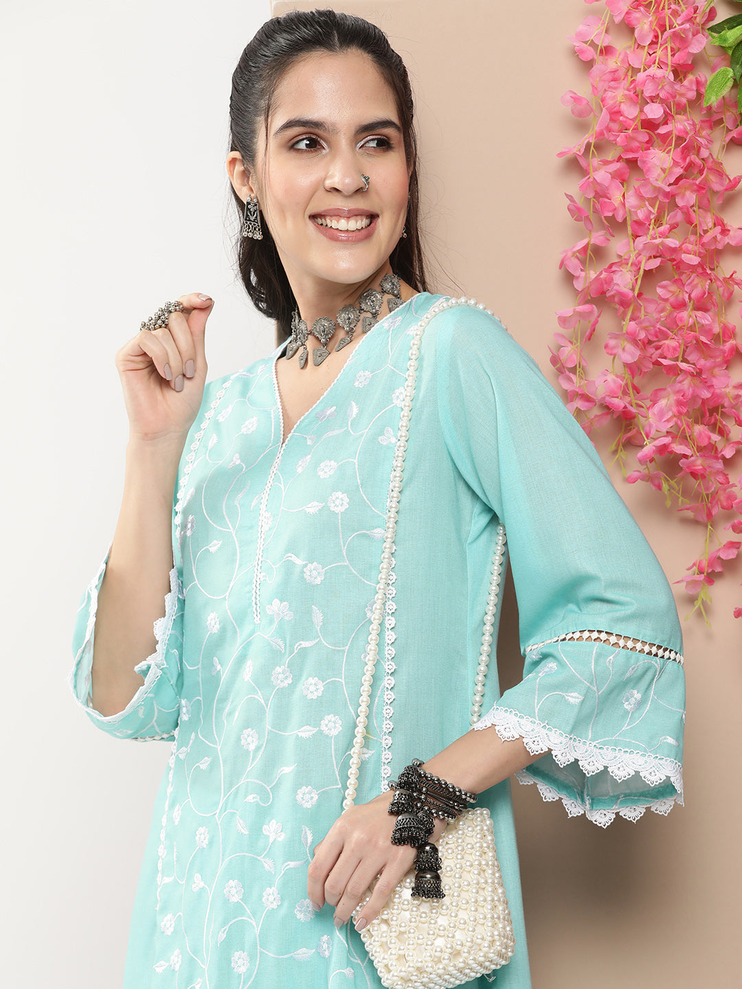Bhama Couture Blue Embroidered Straight Kurta With Lace Details With Blue Solid Palazzos.
