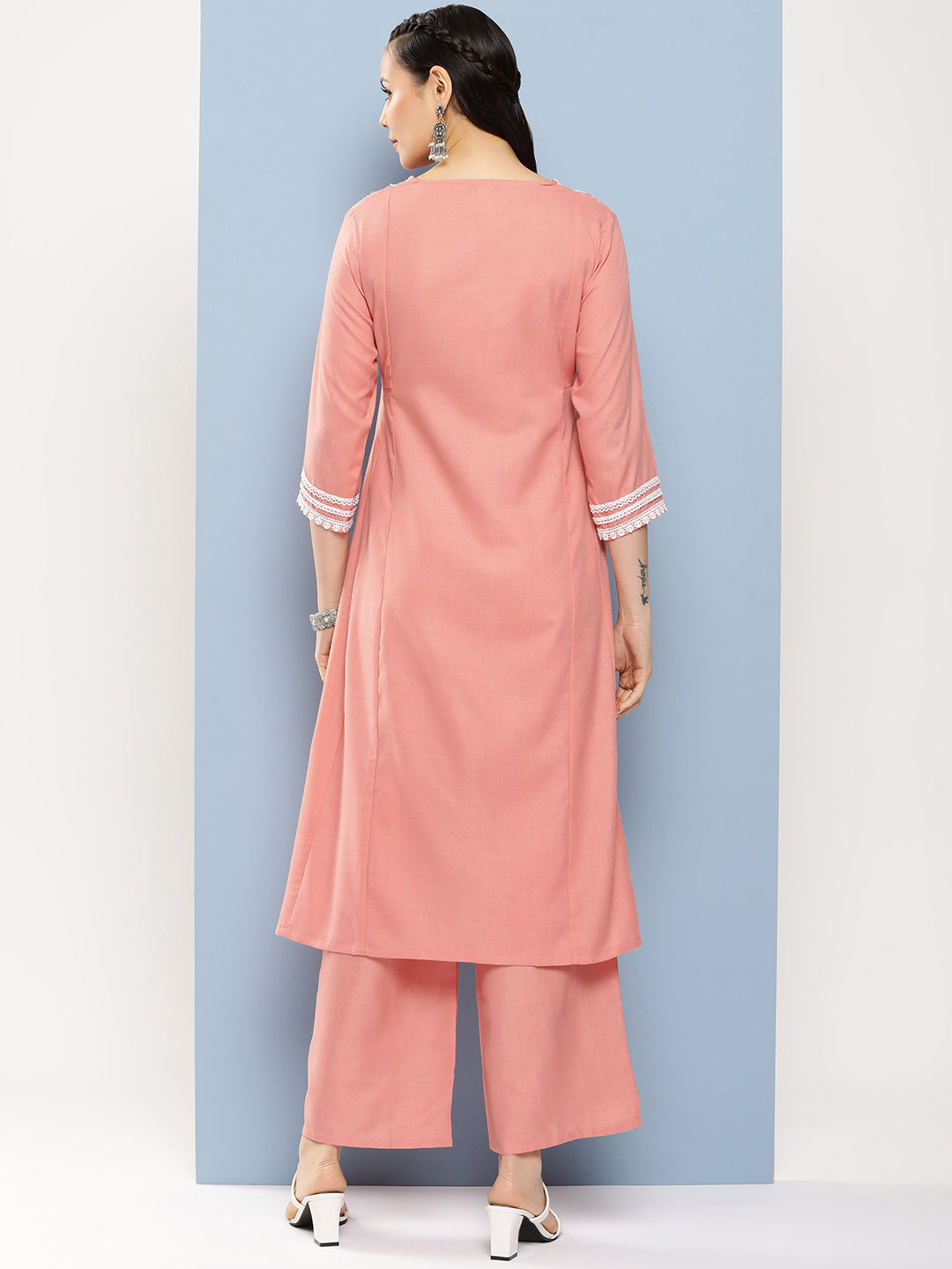 Bhama Couture Peach Solid Lace Details Kurta With Peach Solid Palazzo.