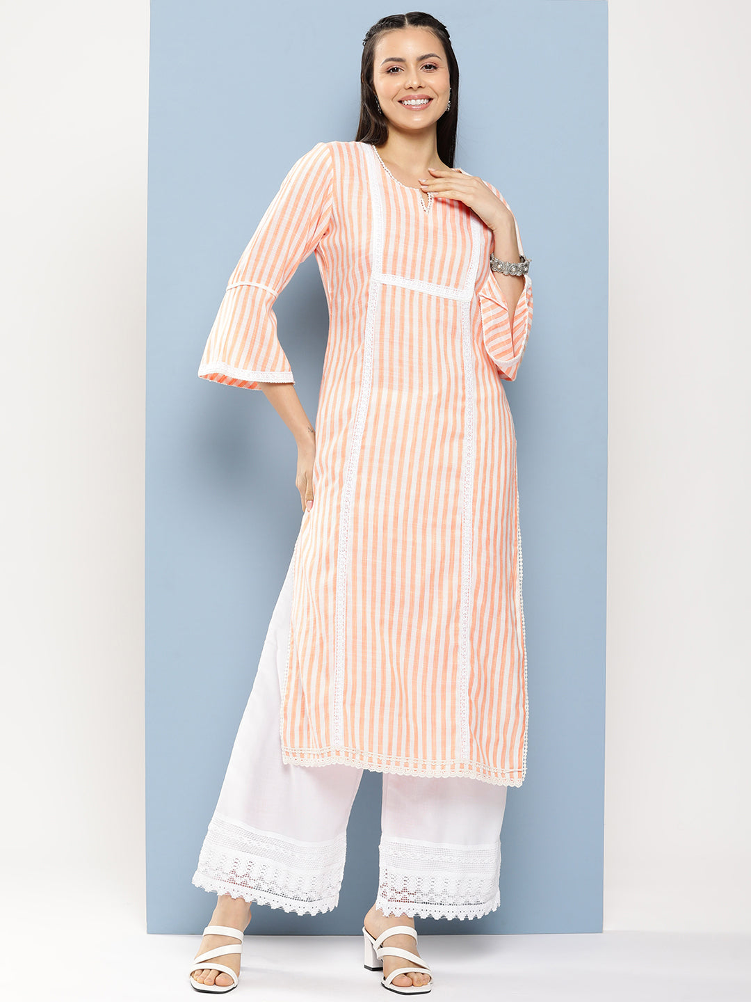 Bhama Couture Light Orange Lace Details Kurta With Off White Palazzo.