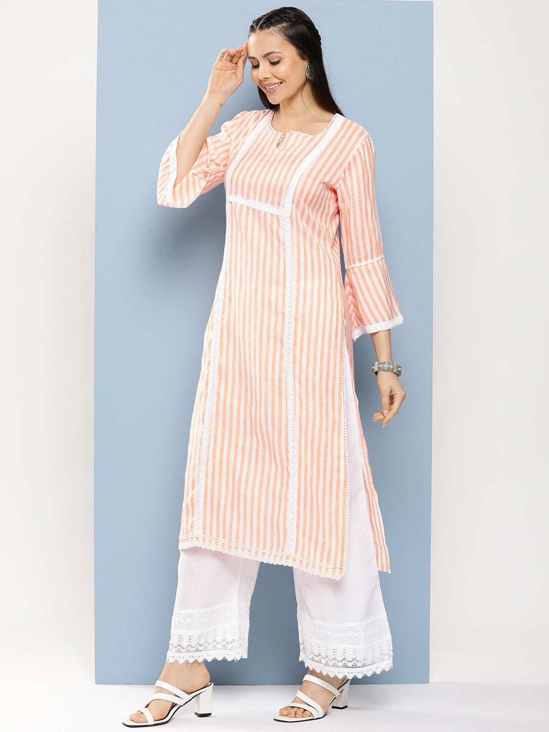 Bhama Couture Light Orange Lace Details Kurta With Off White Palazzo.