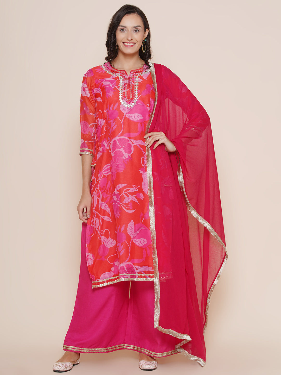 Red Neck Embroidered Floral Print Kurta with Pink Solid Palazzos with Dupatta