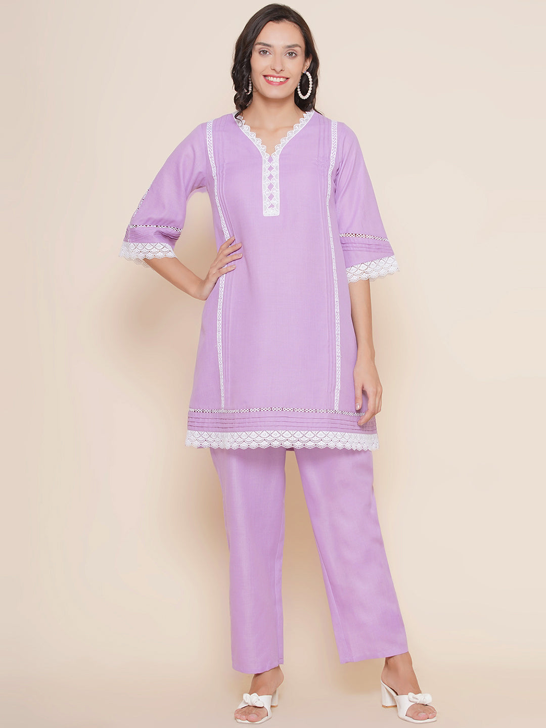 Purple lace work Solid kurta with Palazzos