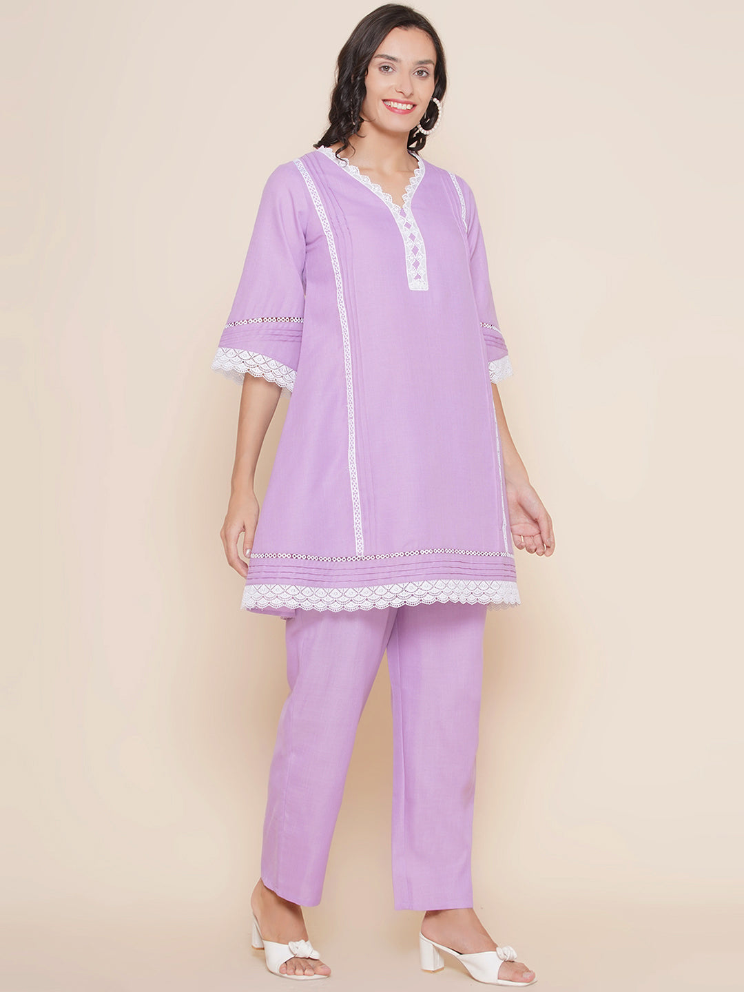 Purple lace work Solid kurta with Palazzos