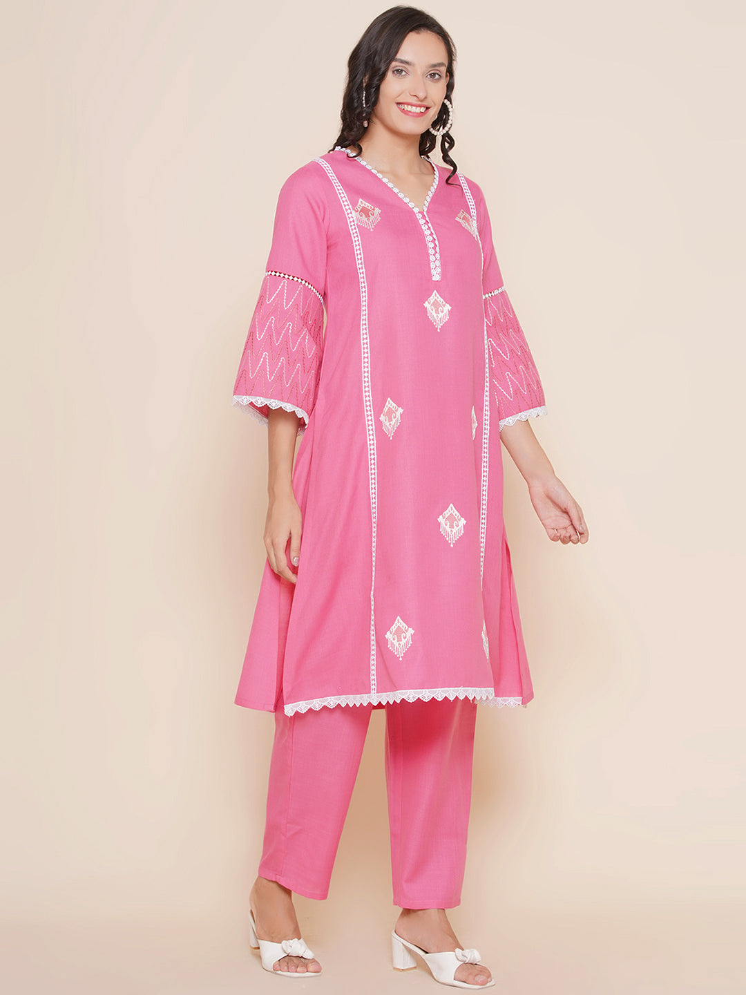 Pink Embroidered Kurta with lace detailing & Pink Solid Palazzos