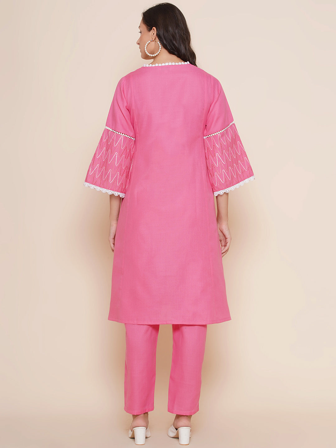 Pink Embroidered Kurta with lace detailing & Pink Solid Palazzos