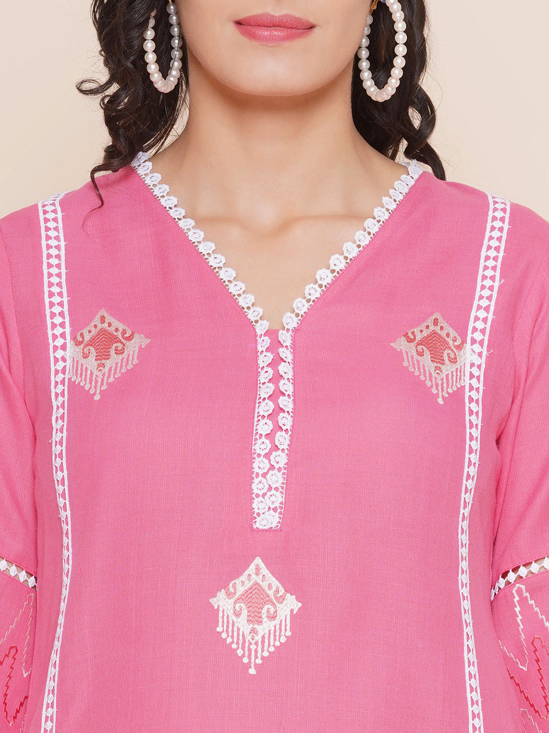 Pink Embroidered Kurta with lace detailing & Pink Solid Palazzos