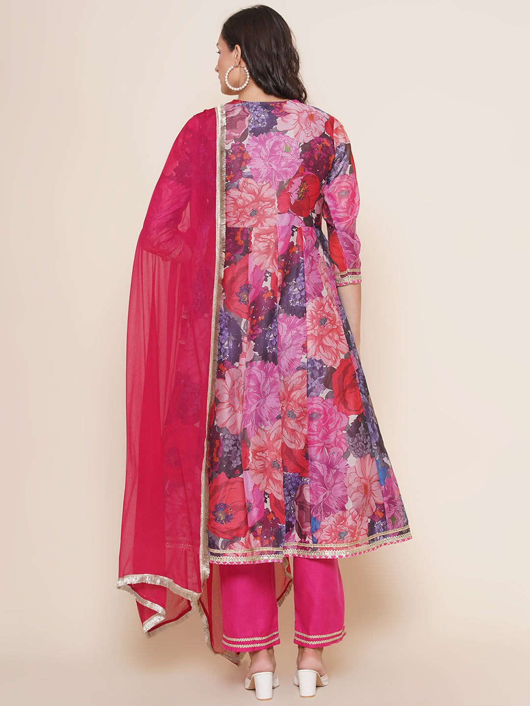 Bhama Couture Purple Multi Print Angrakha Style Kurta & Pink Solid Palazzo With Dupatta