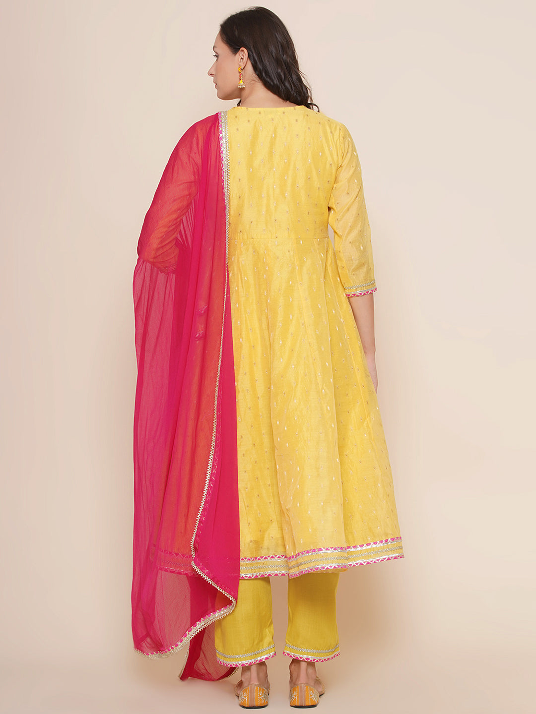 Bhama Couture Yellow Self Booti Design Angrakha Style Kurta & Yellow Solid Plazzos With Dupatta