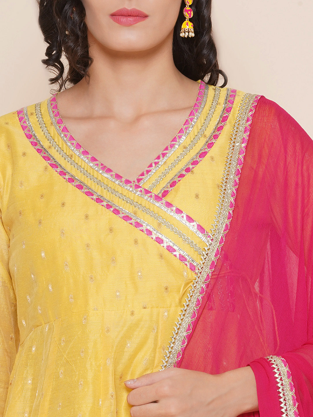 Bhama Couture Yellow Self Booti Design Angrakha Style Kurta & Yellow Solid Plazzos With Dupatta