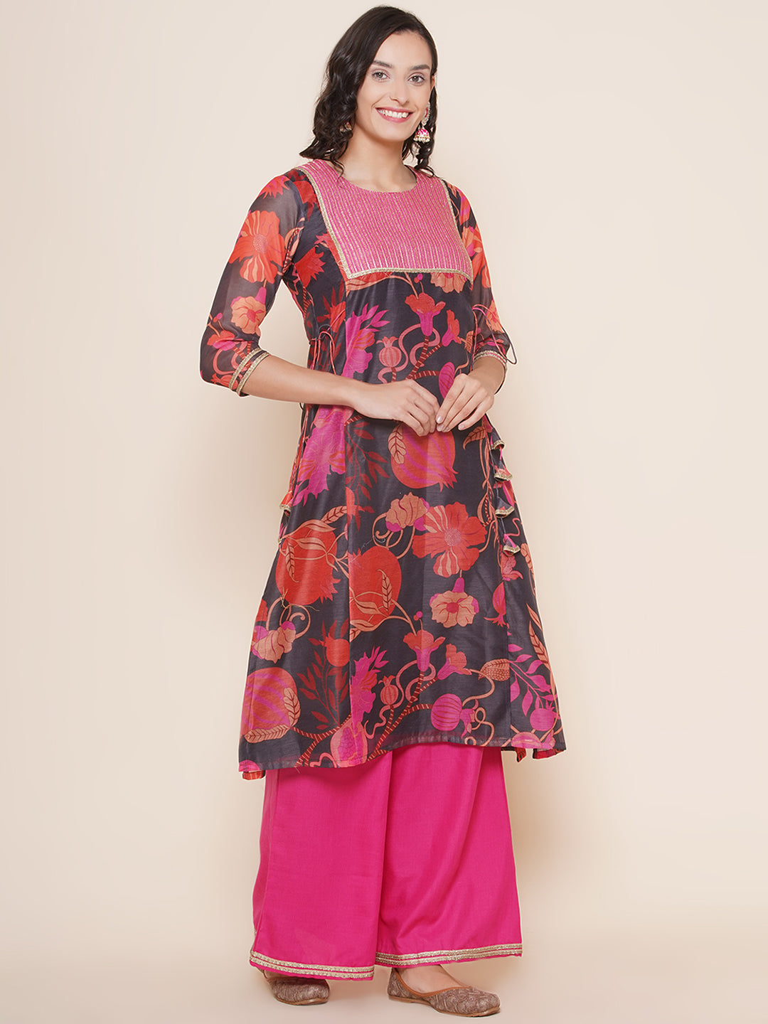 Bhama Couture Black Pink Floral Printed A-Line Yoke Embroidered Kurta & Pink Solid Plazzos With Dupatta