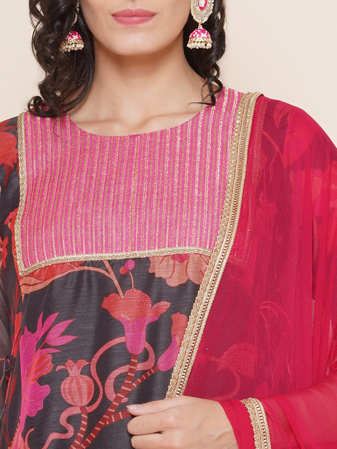 Bhama Couture Black Pink Floral Printed A-Line Yoke Embroidered Kurta & Pink Solid Plazzos With Dupatta