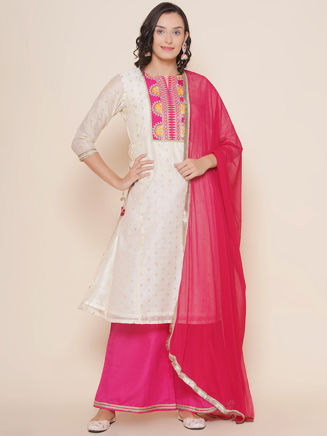 Bhama Couture Off White A-Line Self Design Booti Embroidered yoke Kurta & Pink Solid Plazzos With Dupatta