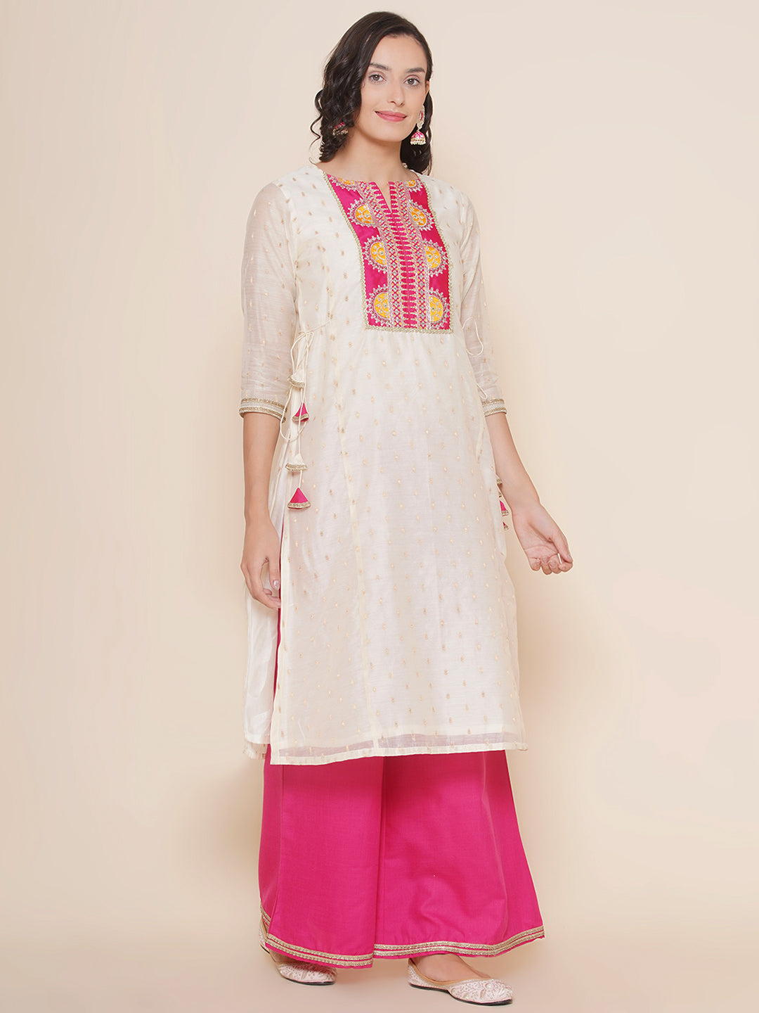 Bhama Couture Off White A-Line Self Design Booti Embroidered yoke Kurta & Pink Solid Plazzos With Dupatta