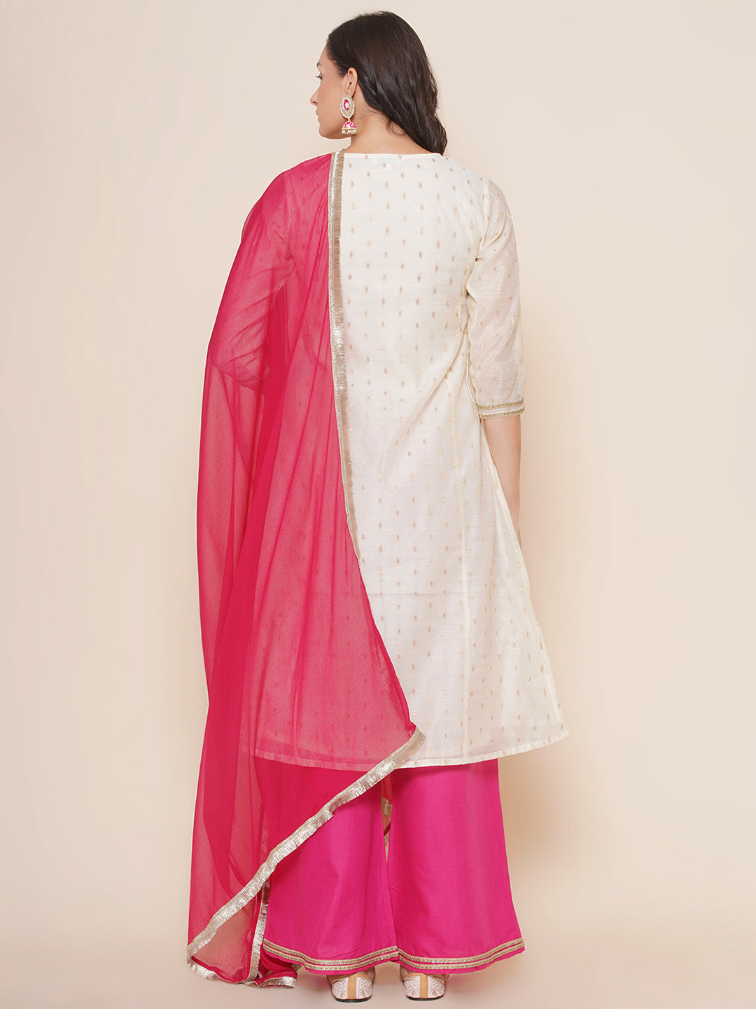 Bhama Couture Off White A-Line Self Design Booti Embroidered yoke Kurta & Pink Solid Plazzos With Dupatta