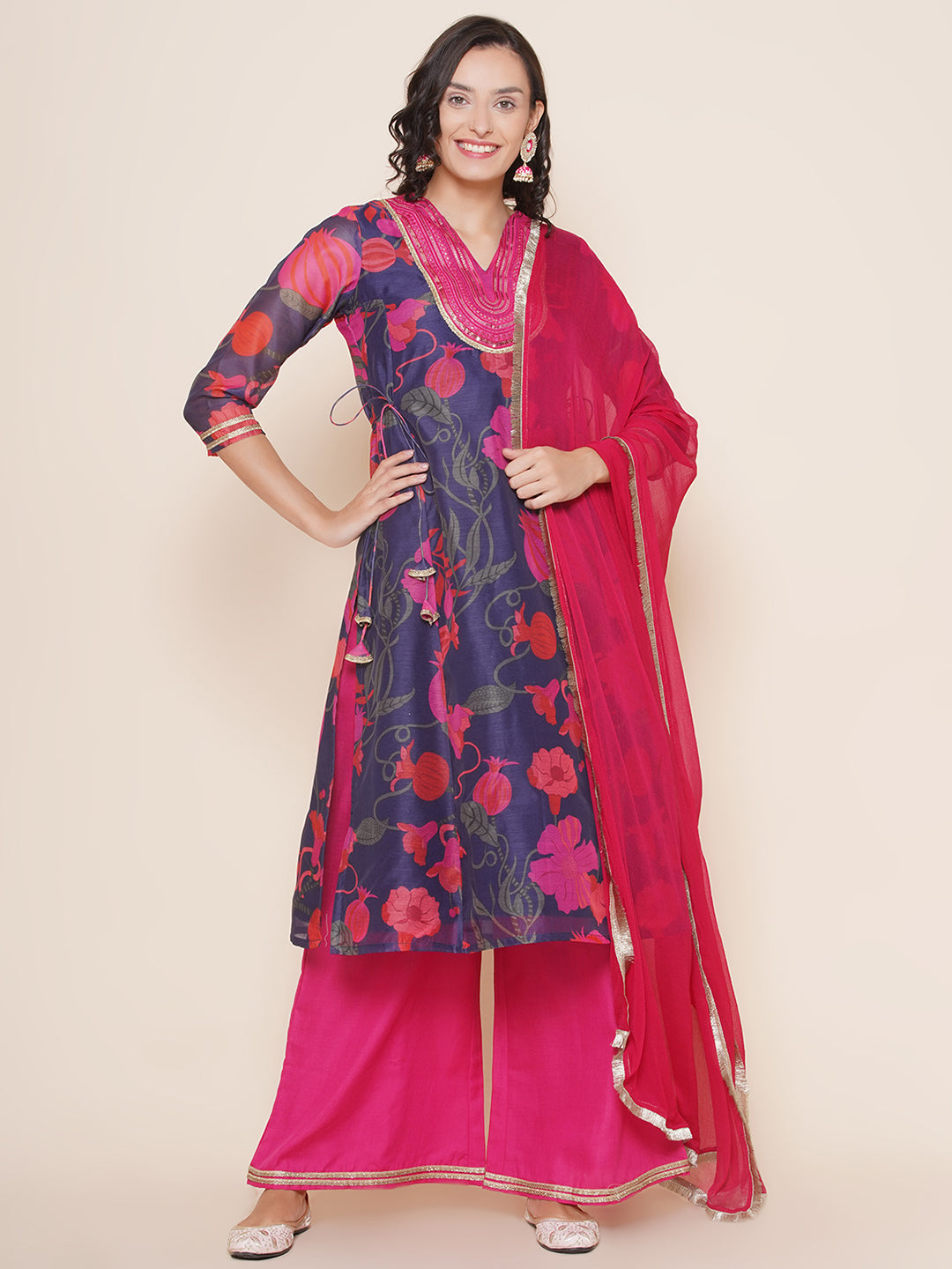 Bhama Couture Blue Pink Floral Print A-Line Yoke Embroidered Kurta & Pink Solid Plazzos With Dupatta