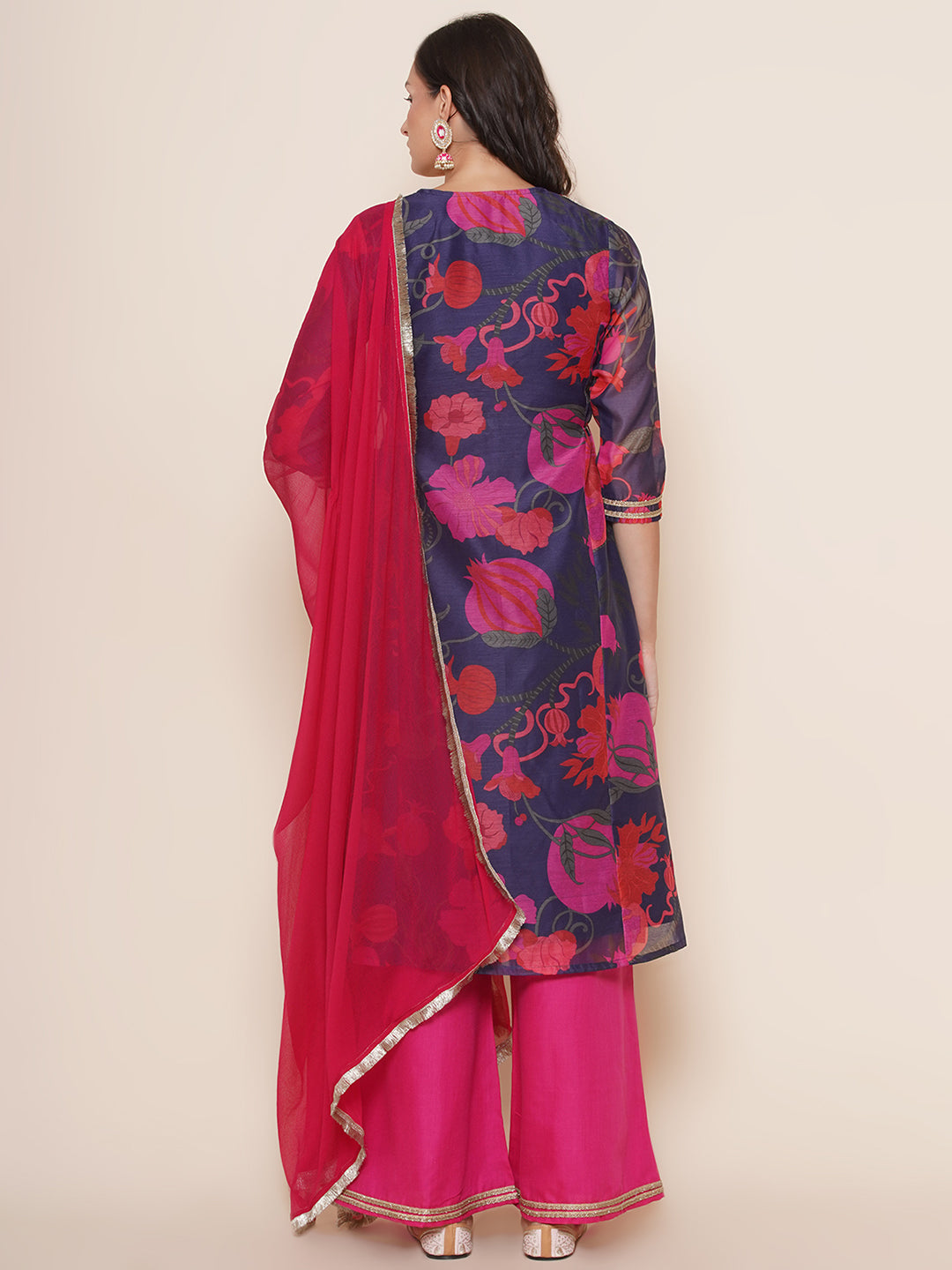 Bhama Couture Blue Pink Floral Print A-Line Yoke Embroidered Kurta & Pink Solid Plazzos With Dupatta