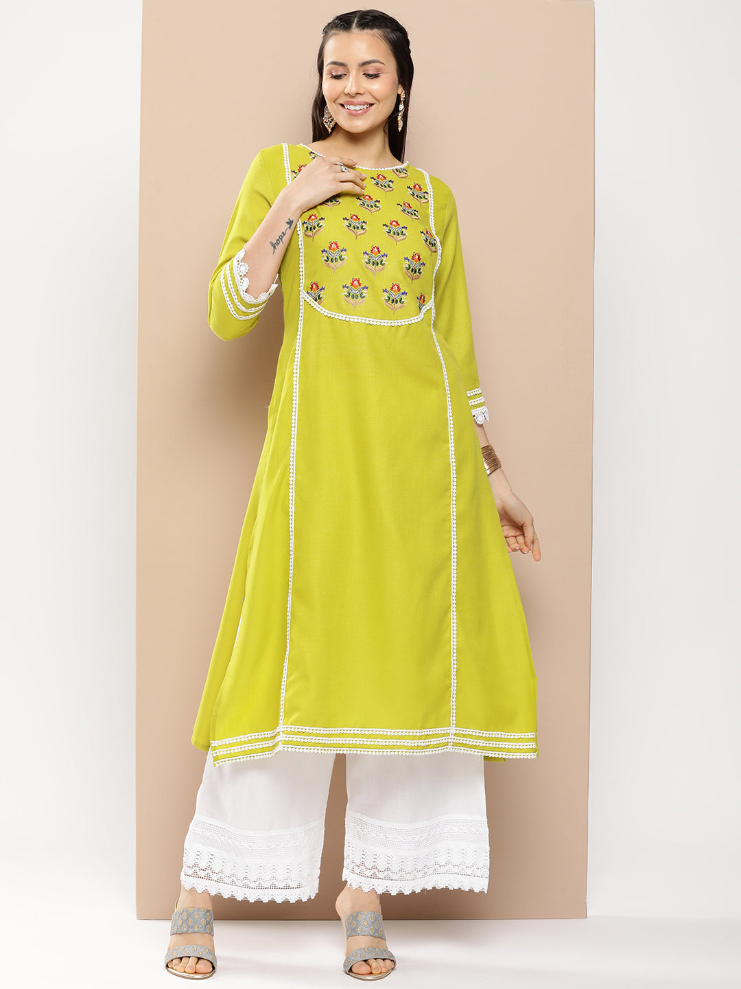 Bhama Couture Green And Red Yoke Design Kurta With Lace Details & Off White Palazzos
