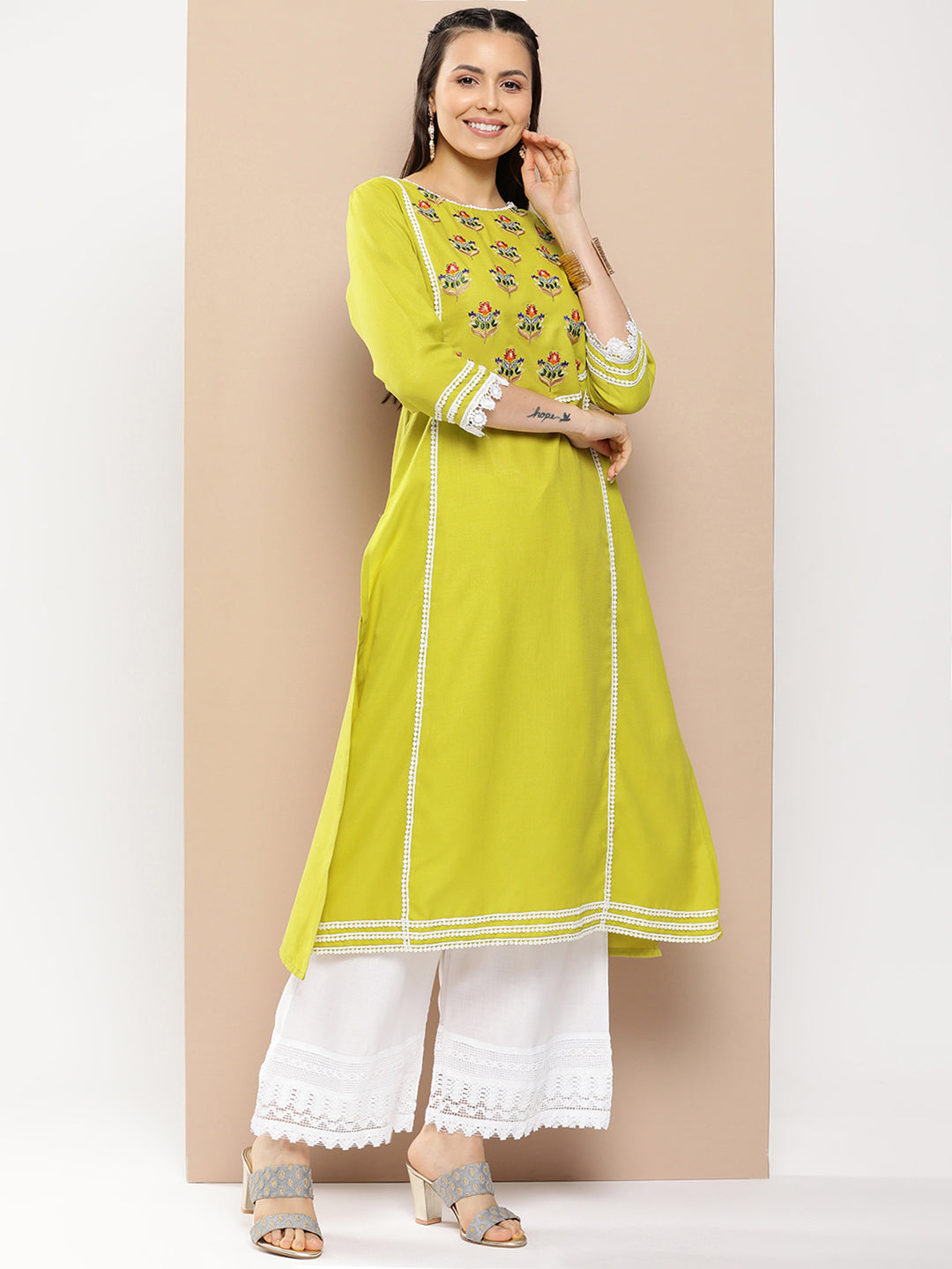 Bhama Couture Green And Red Yoke Design Kurta With Lace Details & Off White Palazzos