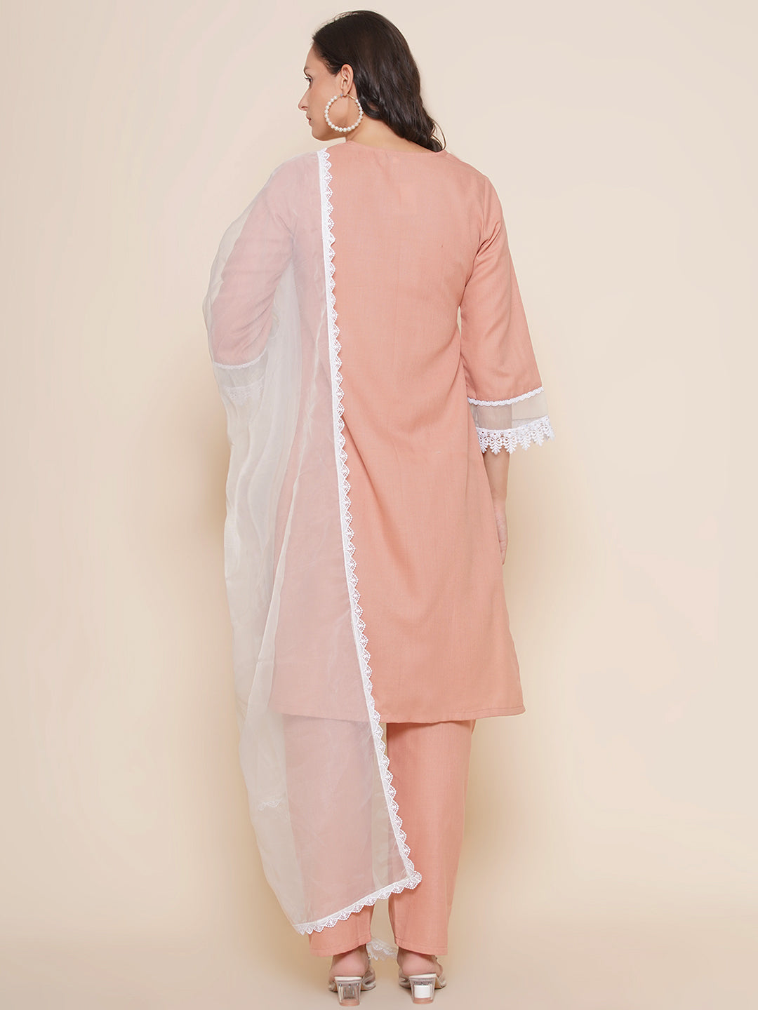 Peach Embroidered straight kurta with Palazzo & Lace work Dupatta