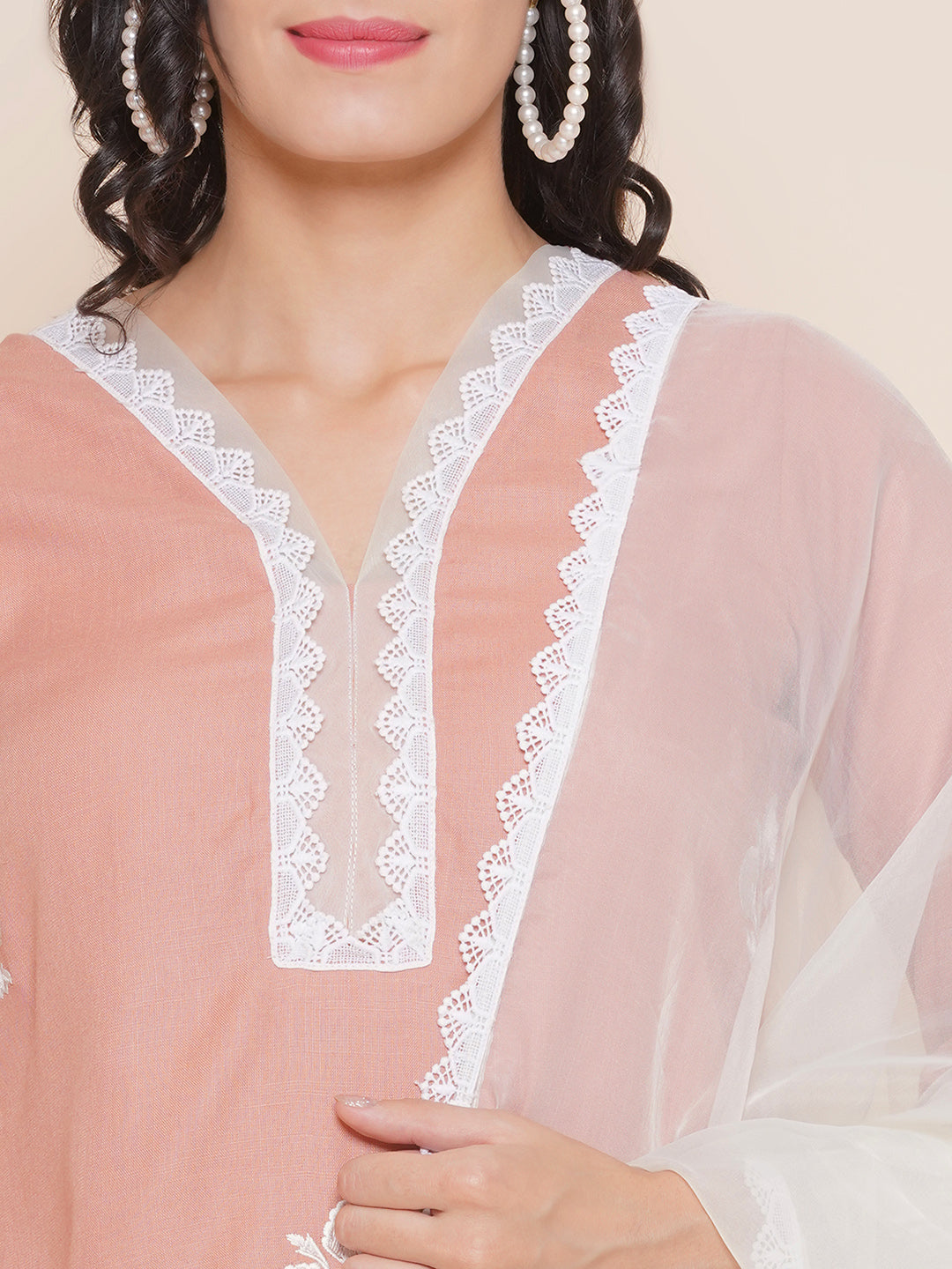 Peach Embroidered straight kurta with Palazzo & Lace work Dupatta