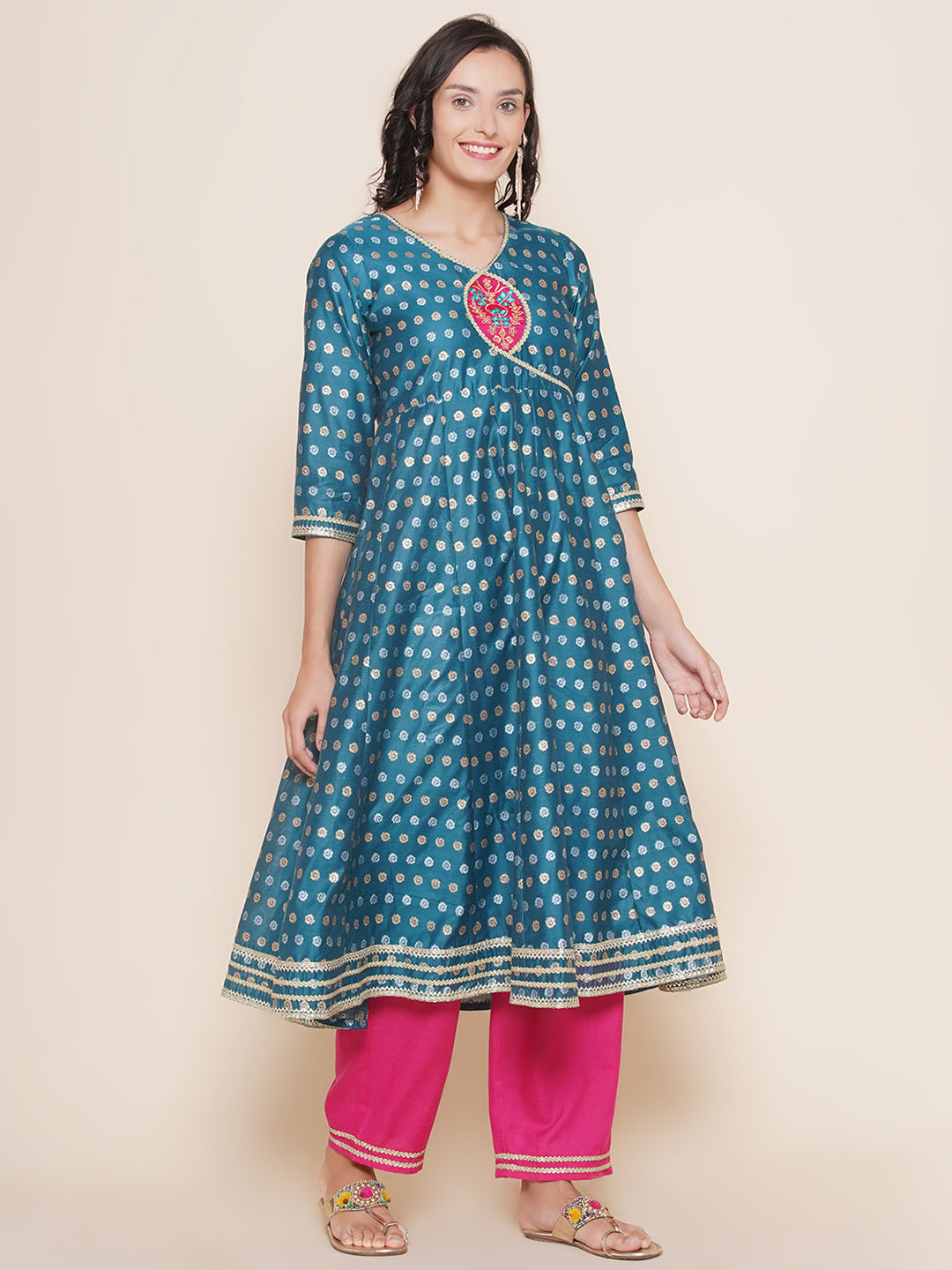 Blue Jacquard Booti fabric Angrakha Style Lace Details Kurta & Pink Solid Palazzos with Dupatta