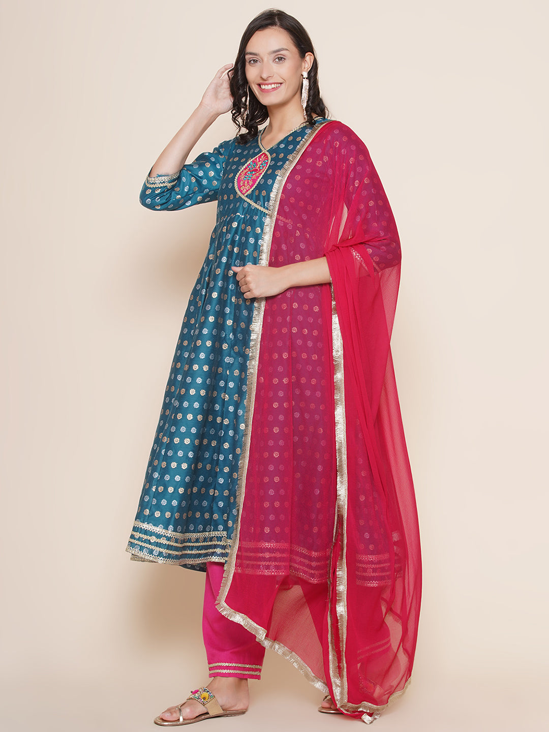 Blue Jacquard Booti fabric Angrakha Style Lace Details Kurta & Pink Solid Palazzos with Dupatta