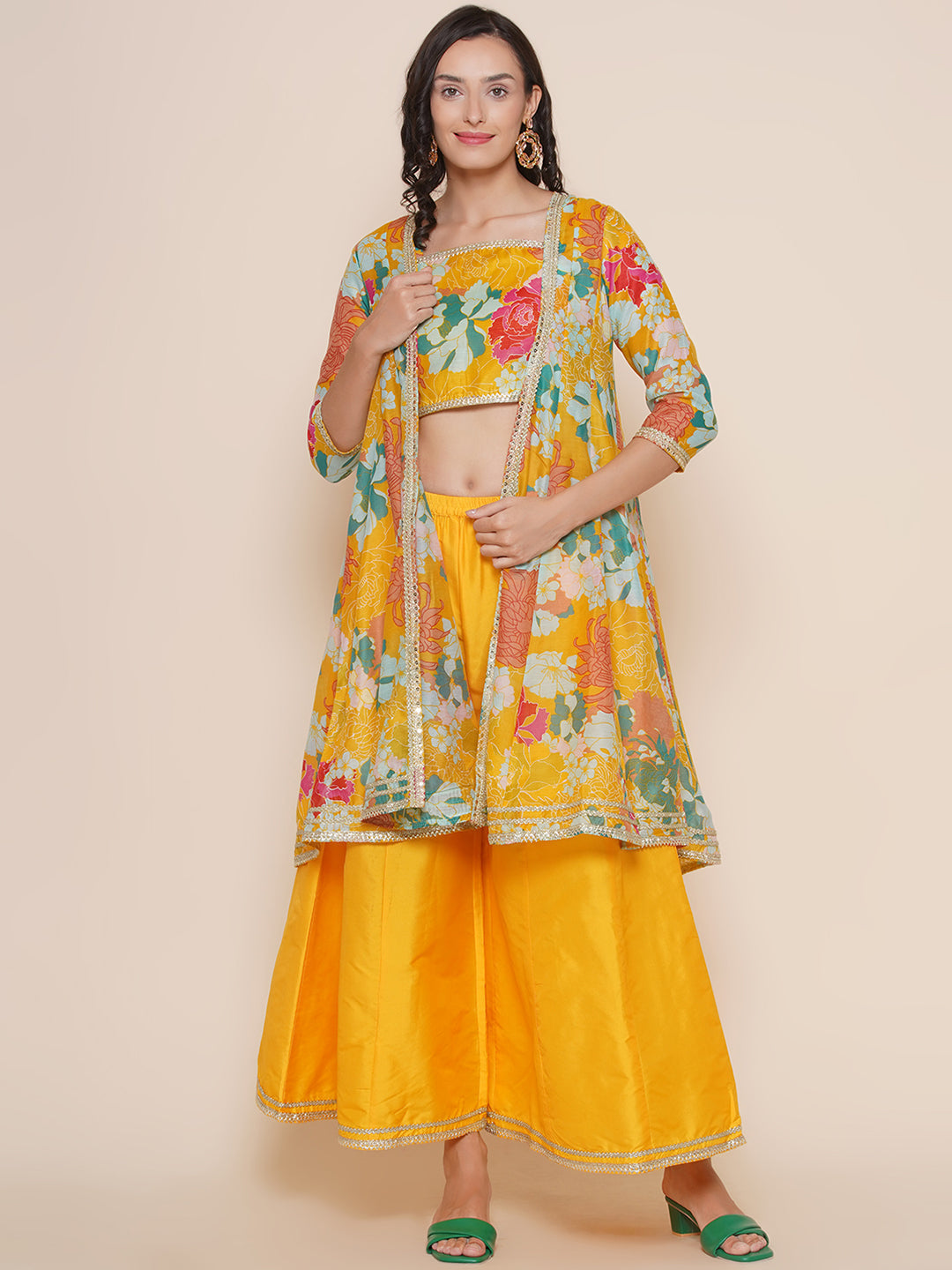 Yellow Floral Printed Shrug & Short Printed Spaghetti with Yellow Solid Palazzos