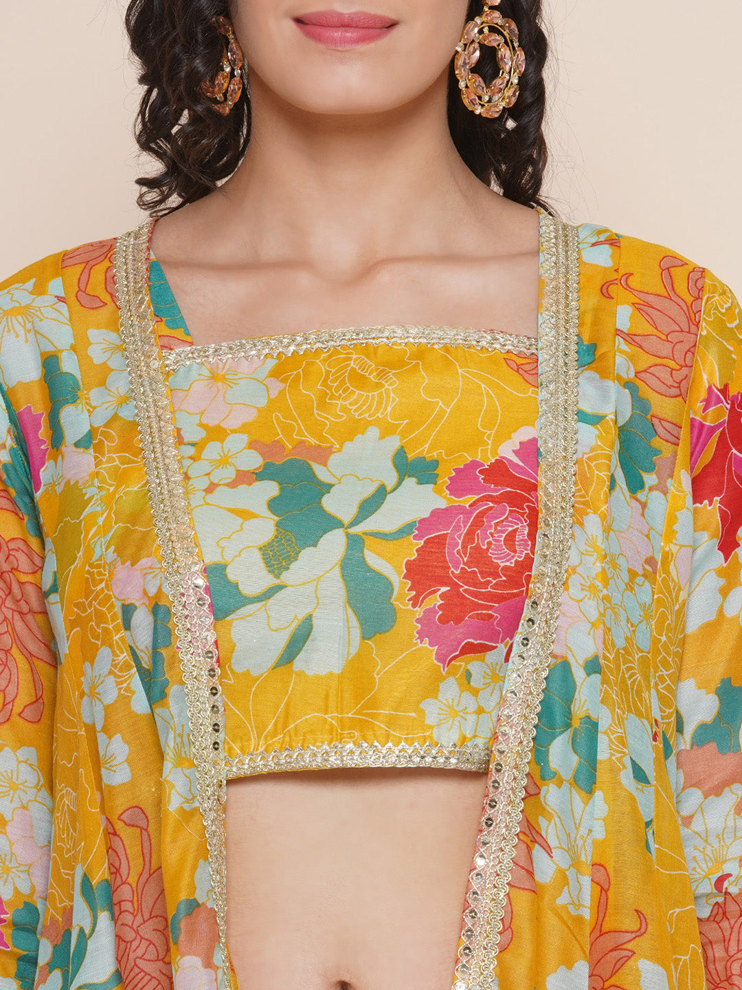 Yellow Floral Printed Shrug & Short Printed Spaghetti with Yellow Solid Palazzos