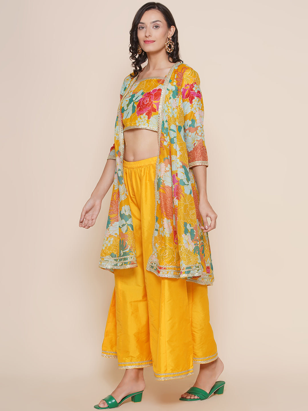 Yellow Floral Printed Shrug & Short Printed Spaghetti with Yellow Solid Palazzos