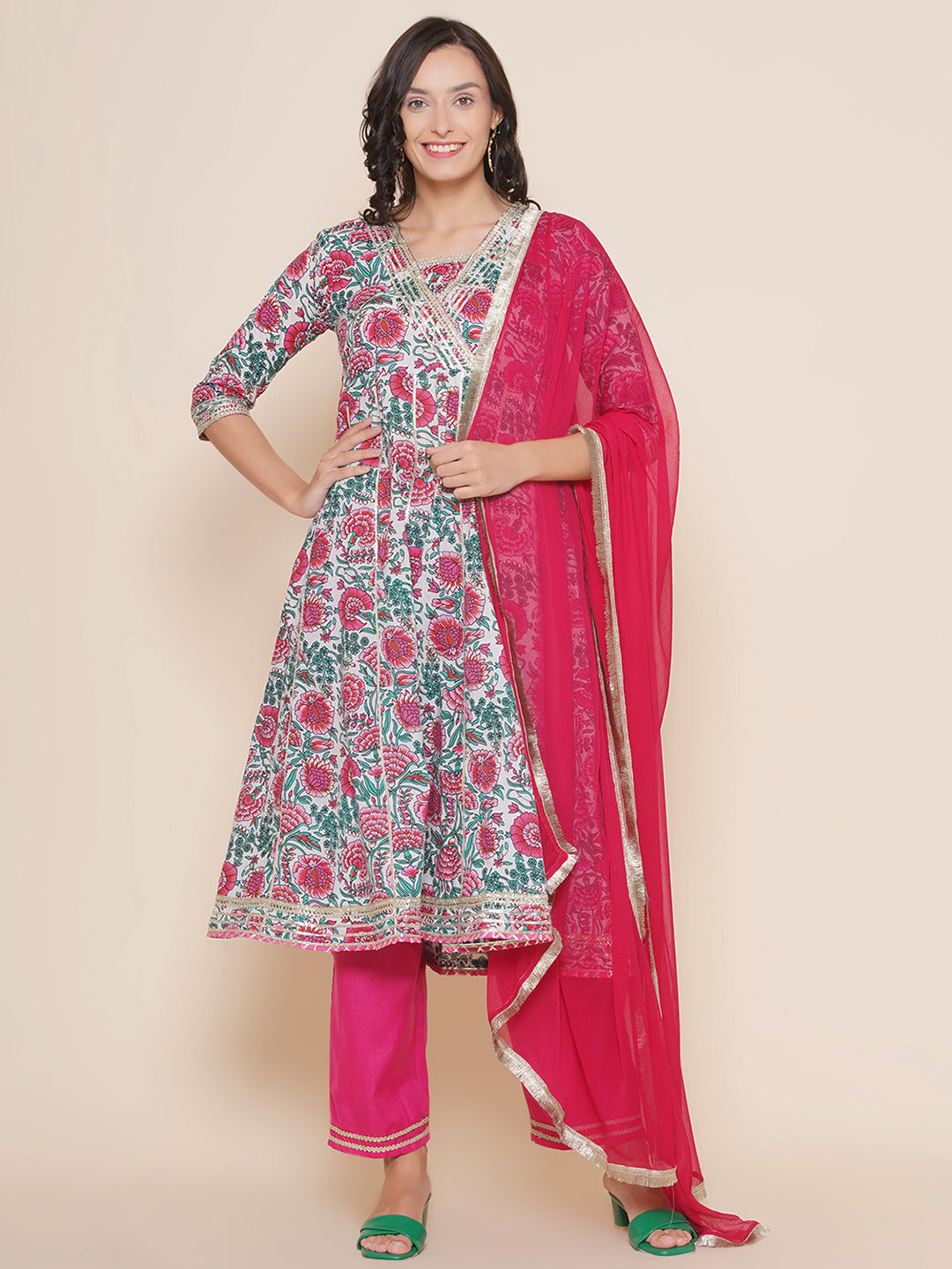 White Pink Multi Floral Printed Pannel Flared Gotta Details Kurta & Pink Palazzos With Dupatta